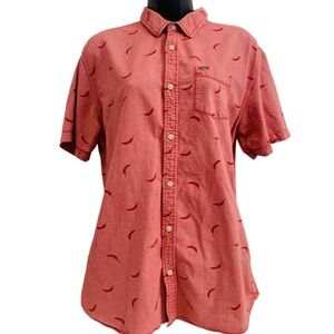 Men's Casual Red Button-Down Shirt with Chili Pepper Design